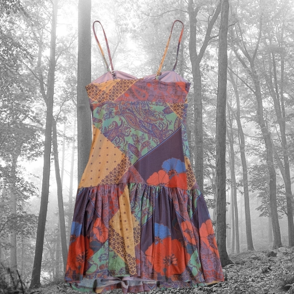 🌸 EUC Kimchi Blue From Urban Outfitters Patchwork Spaghetti Strap Mini Dress 🌸 - Picture 7 of 9